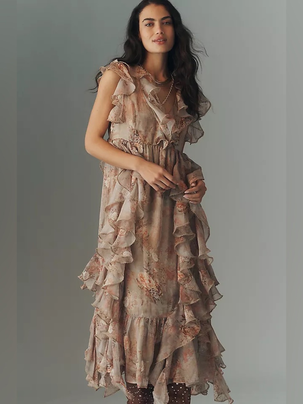 By Anthropologie Floral Ruffle Tie-Back Plunge Midi Maxi Dress Size S NWT